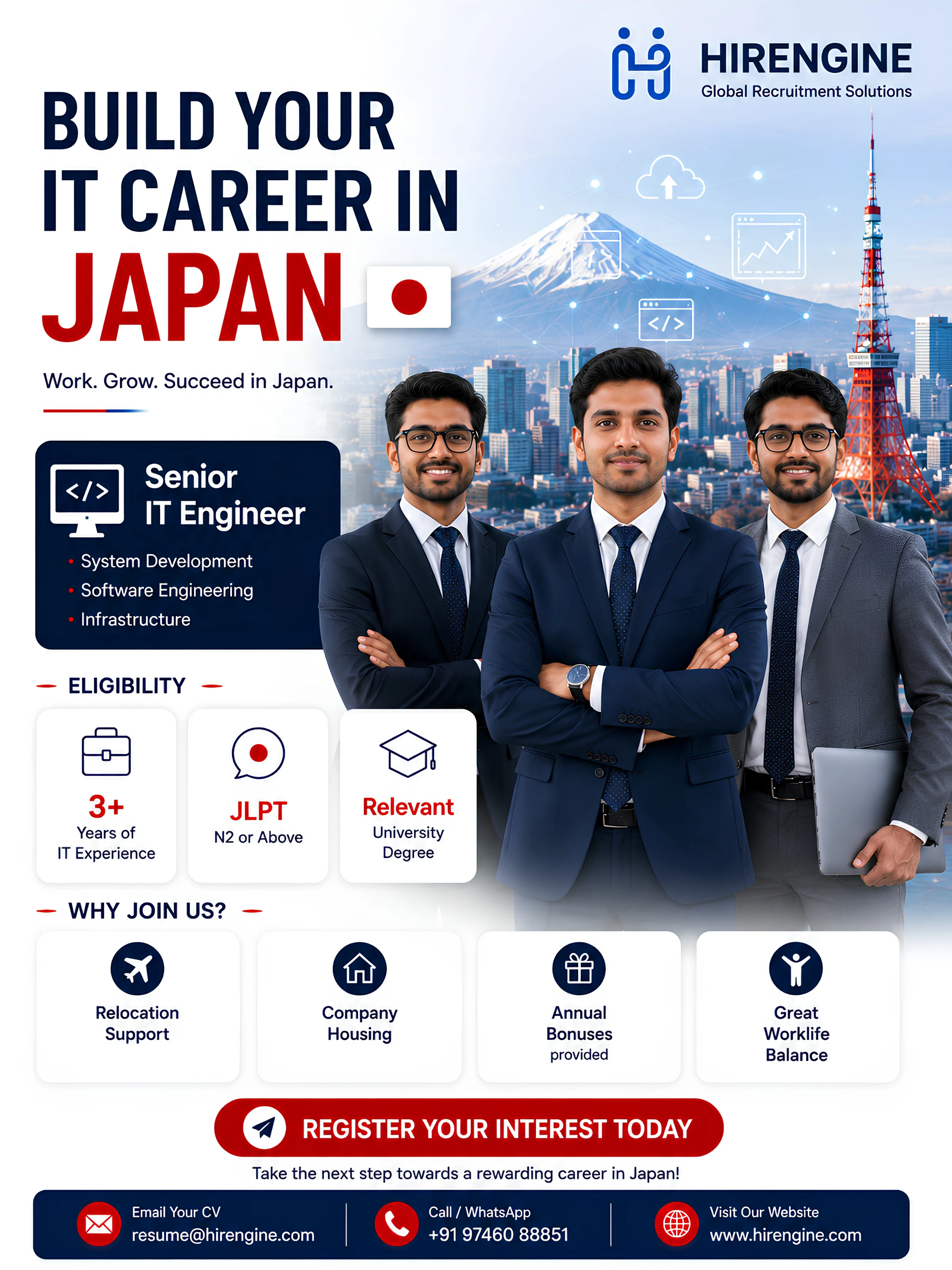 HIRENGINE recruitment poster promoting Senior IT Engineer jobs in Japan for experienced software and infrastructure professionals with 3+ years of experience, JLPT N2 proficiency, and a relevant university degree, featuring relocation support, company housing, annual bonuses, and great work-life balance.